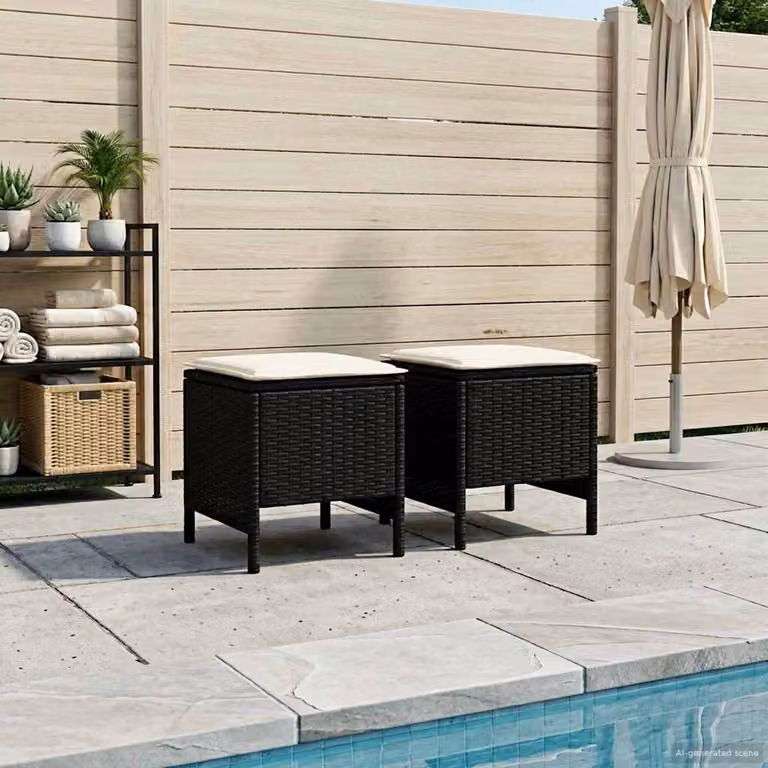 Set di 2 poggiapiedi da giardino vidaXL in rattan sintetico nero e beige con cuscini rimovibili