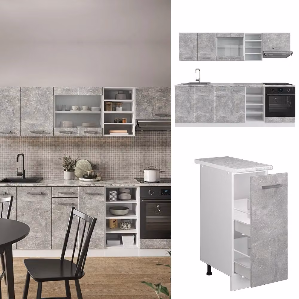 Cucina componibile moderna Vicco R-Line in finitura Calcestruzzo e Bianco con dettagli Rovere, L: 240 cm – 2