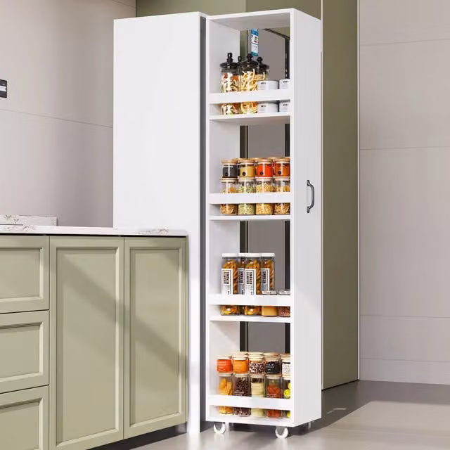 Libreria stretta bianca con ruote in MDF; scaffale salvaspazio 40 x 30 x 160;5 cm per libri e cucina