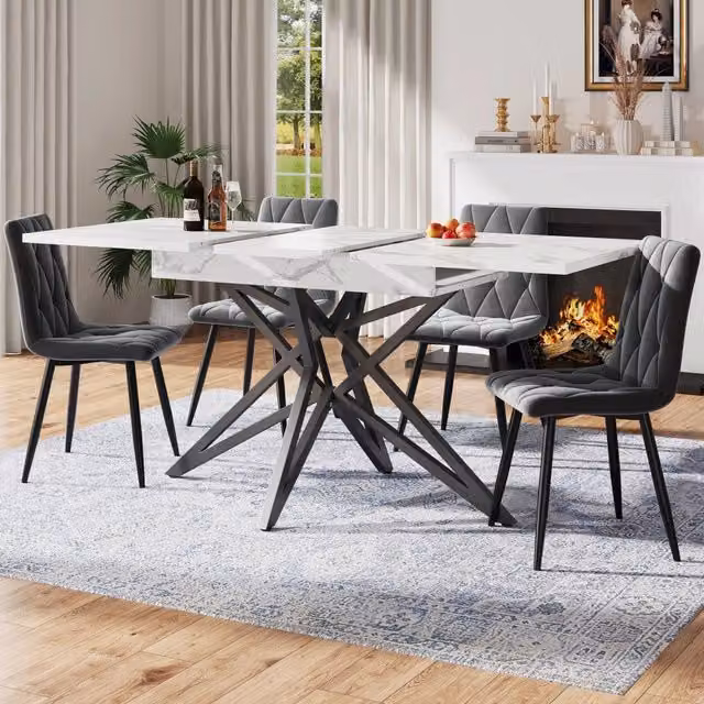 Tavolo da pranzo allungabile da 120 a 160 cm in MDF effetto marmo bianco con base a stella in metallo nero