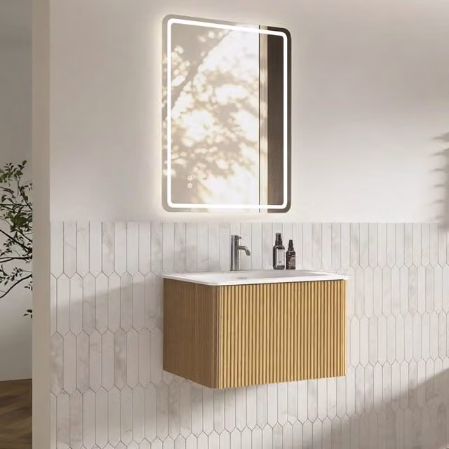 Mobile sottolavabo sospeso con lavabo integrato e specchio LED regolabile antiappannamento per bagno in rovere