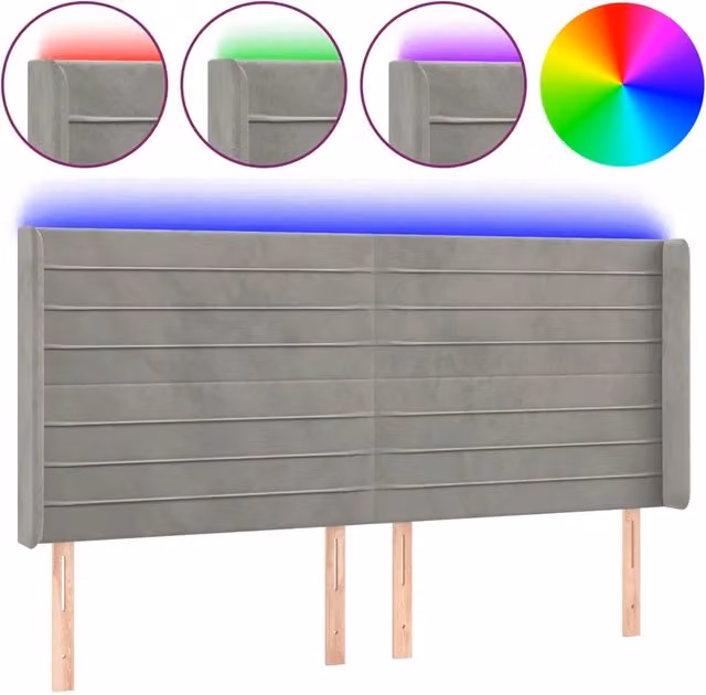 Testata del letto con illuminazione LED e porta di ricarica USB in velluto grigio chiaro L: 183 cm, P: 16 cm, H: 118/128 cm – 1