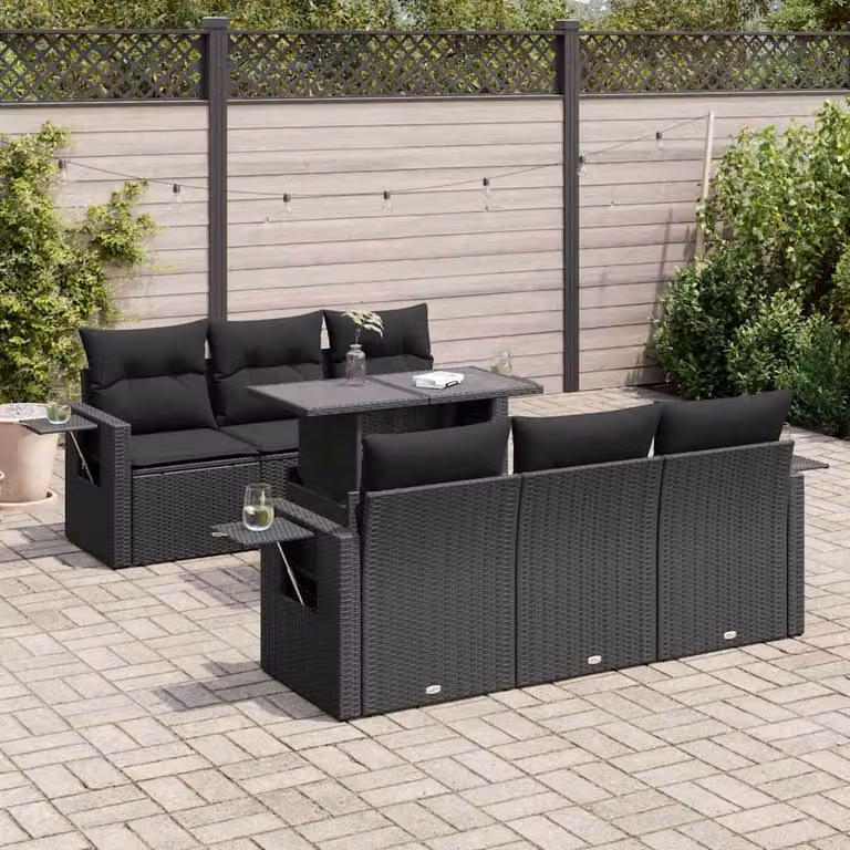Set Divani da Giardino vidaXL a Forma a L con Cuscini e Tavolino, 7 Pezzi, Nero