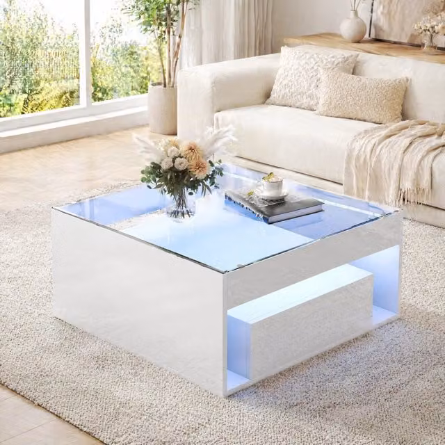 Tavolino da salotto moderno MODFU bianco con piano in vetro temperato e 2 cassetti L/P/H: 70 x 70 x 35 cm