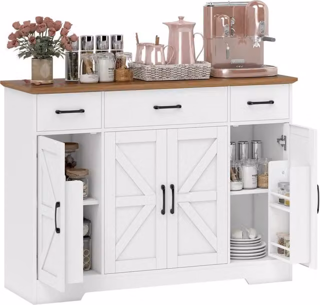 Mobile Cucina Credenza Rustico Bianco, Ante Soft-Close, 3 Cassetti, 3 Ripiani Regolabili, Portaspezie, Pratico e Salvaspazio per Casa