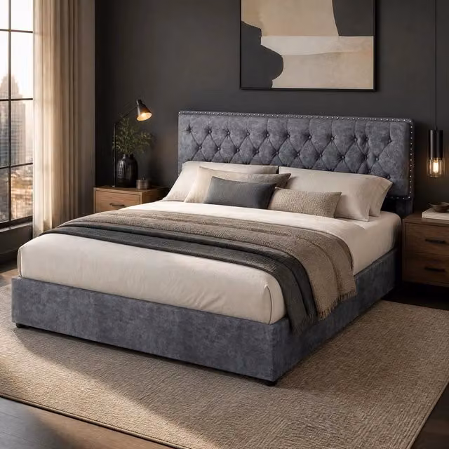 Letto Mivray rivestito in velluto grigio con testiera alta e rete a doghe in legno, dimensioni: 160 x 200 cm – 1