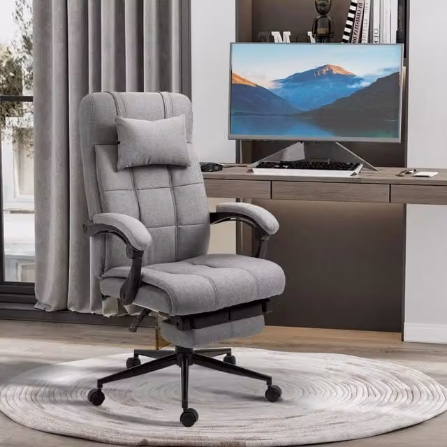 Sedia da Ufficio Ergonomica Girevole con Poggiatesta e Poggiapiedi in Lino Grigio Chiaro – 1