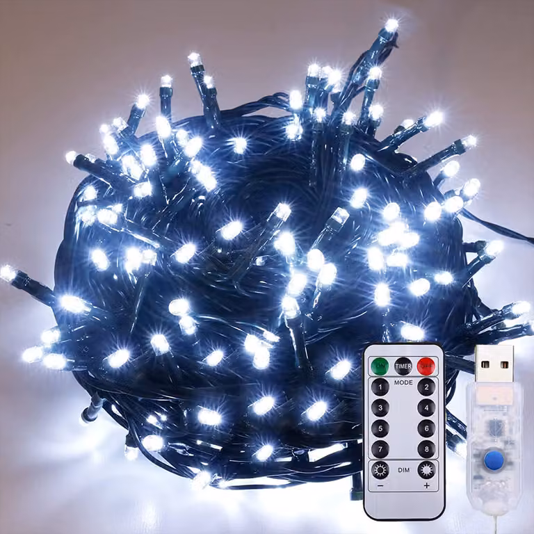 Luci di fata 10M 100 LED 8 modalità di luce USB impermeabile con telecomando per festa Natale matrimonio decorazione, bianco