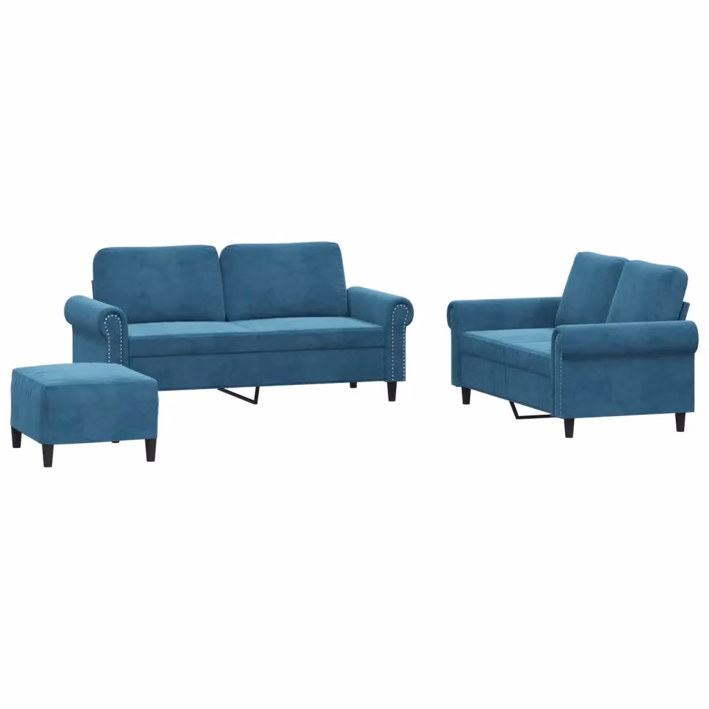 Set di 3 divani vidaXL in velluto blu con cuscini per soggiorno in stile moderno – 2
