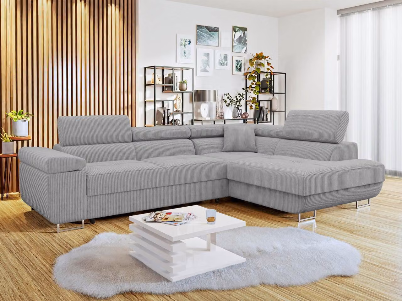 MIRJAN24 Divano angolare Torezio Cord, Elegante divano angolare con box letto e funzione notte, Poggiatesta regolabili, 274x203x70-90 cm (Colore: Poso 110, Lato: Destro)