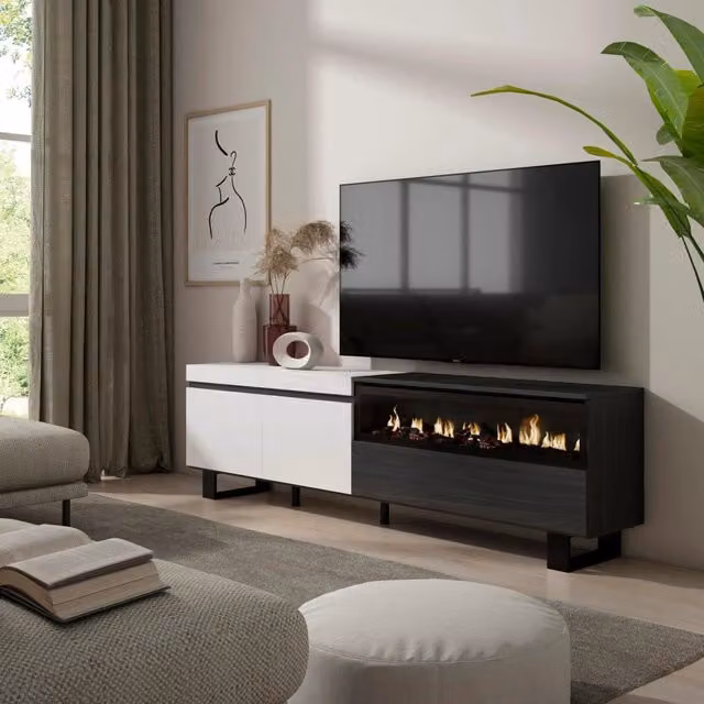 Mobile TV, 200x35x57cm, soggiorno, Per TV fino a 80", Camino elettrico, Design industriale, Bianco e nero RF2212