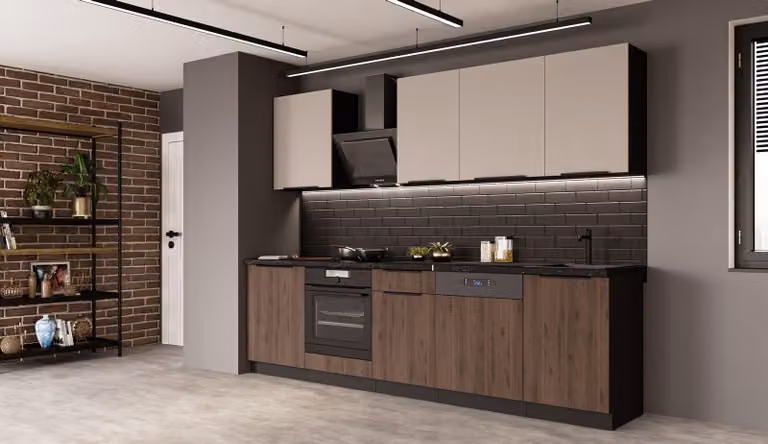 Cucina MONZA + ARONA BASIC 280 cm Cucina a vista Cucina componibile Cucina componibile Noce Okapi opaco + Cashmere beige opaco
