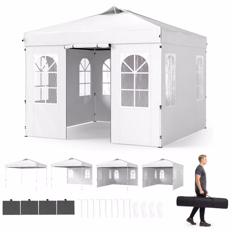 KOMFOTTEU, gazebo pop-up da giardino, dimensioni 3 x 3 metri, con struttura regolabile in altezza e dotato di 4 pareti laterali (bianco)