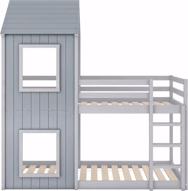 Letto a castello bambini 90x200 cm struttura in legno massello di pino grigio con scaletta e baldacchino