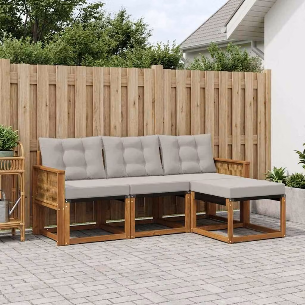 Set di divani da esterno vidaXL a forma di L in legno di acacia con pouf e cuscini, colore beige e grigio