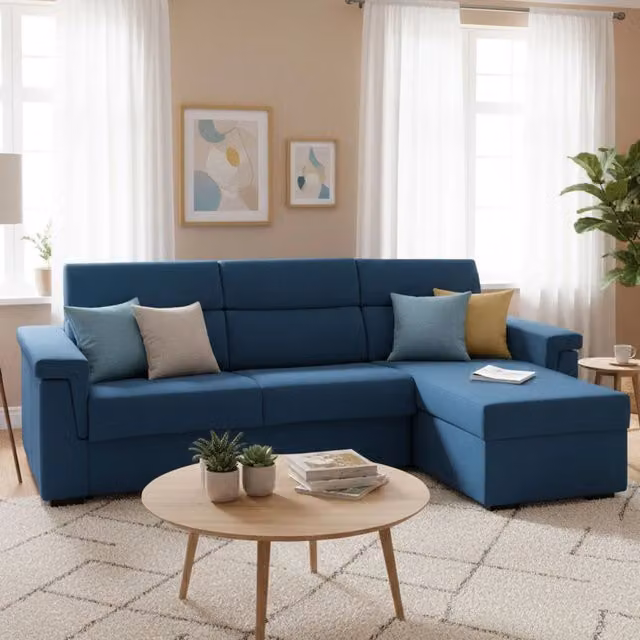 Divano Letto Ganzaria DMORA con Penisola Sfoderabile Made in Italy, L/P: 285 x 160 cm, Blu