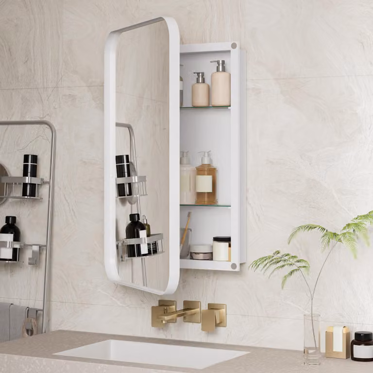 okwish Armadio rettangolare a specchio Armadio a muro con struttura in metallo e specchio, armadio da incasso con ripiani regolabili e spazio di archiviazione, bianco