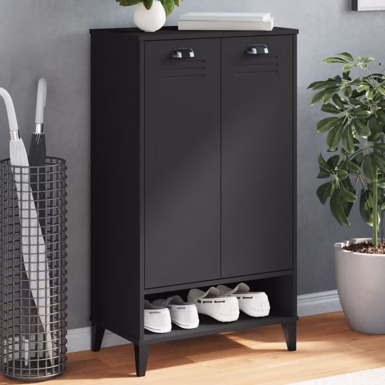 Scarpiera moderna vidaXL VIKEN nera in legno e MDF con scomparti basculanti e montaggio a parete L: 60 cm, P: 35 cm, H: 107 cm