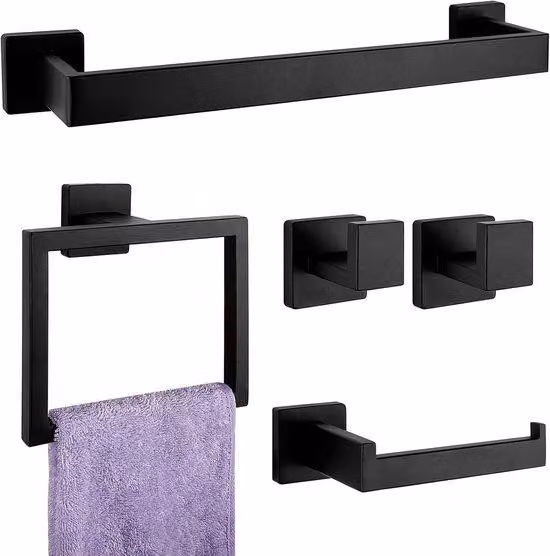 Accessori per il bagno, set portasciugamani in acciaio inossidabile, 5 pezzi, nero opaco, per montaggio a parete.
