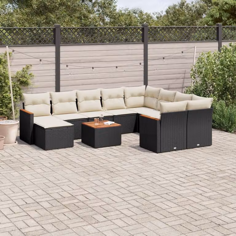 vidaXL Set Divani da Giardino 11 pz in Polyrattan Nero con Cuscini e Tavolino da Esterno