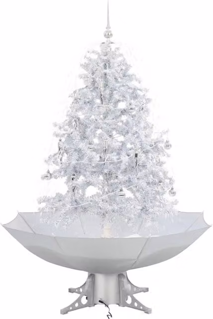 Albero di Natale con Neve e Base a Ombrellone vidaXL, Bianco e Argento, Altezza: 140 cm