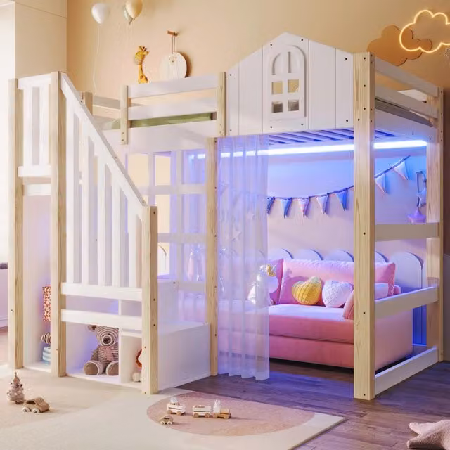 Letto a castello 90x200 cm con LED, forma finestra, scala con ripiani, vano contenitore aperto, garza, senza materasso - Bianco e Naturale