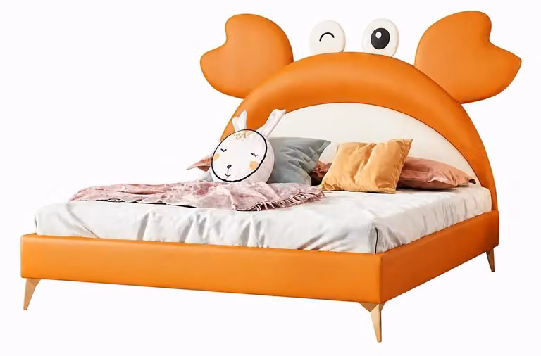 Letto per bambini color arancione, a forma di granchio, in pelle, dai colori vivaci, accogliente