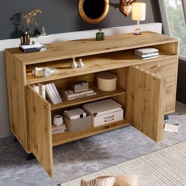 Madia con 3 cassetti e 2 ante con vano aperto e ripiano regolabile in legno rovere scuro 120 × 40 × 85 cm