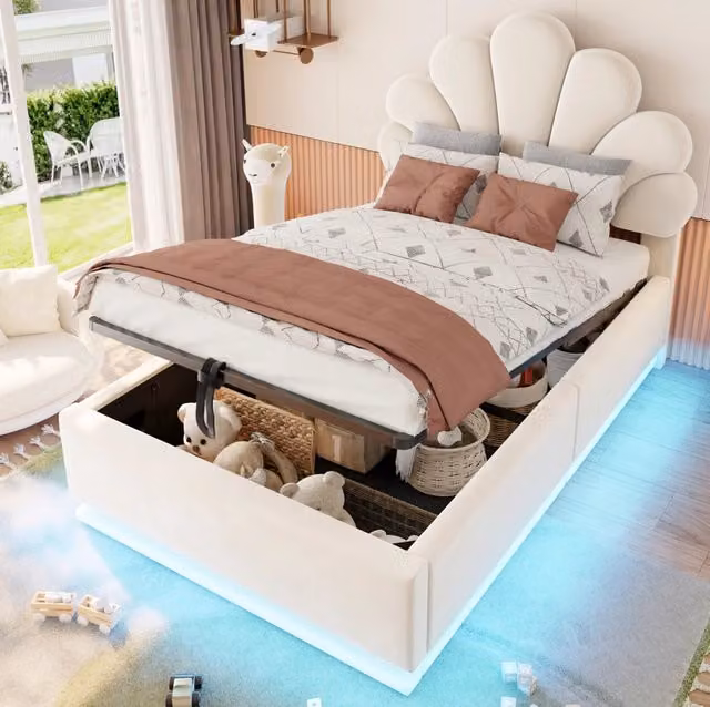Letto imbottito 90 x 200 cm beige con testiera floreale, LED e vano contenitore
