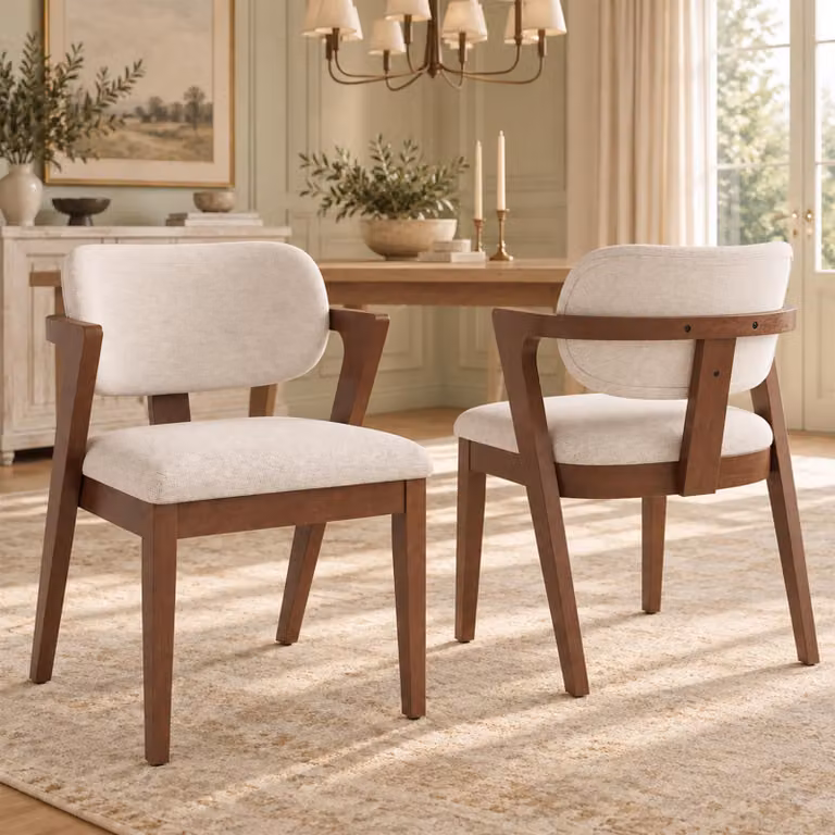 Sedie da pranzo Flieks, set da 2, con rivestimento in lino; sedie da cucina, poltrone imbottite con struttura in legno massello; poltrona per il soggiorno, finitura in legno di noce