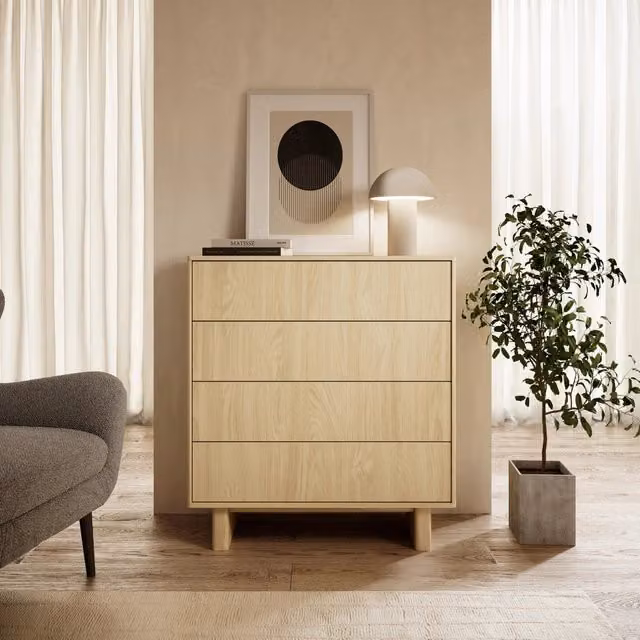 Madia Hasavato DMORA con 4 cassetti in legno Rovere Marrone Beige L: 94 cm, P: 38 cm, H: 104 cm