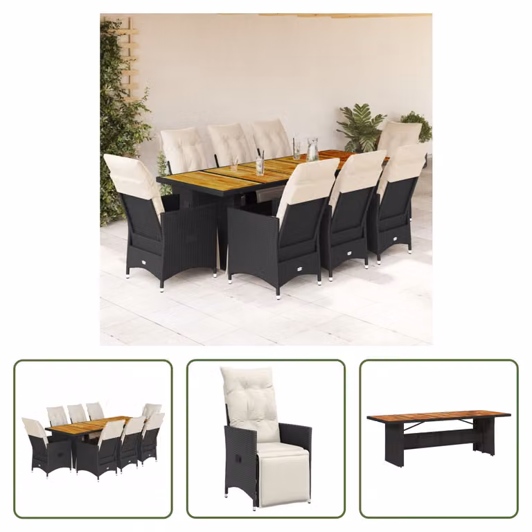 The Living Store Set bistrot da giardino da 9 pezzi con cuscini in poly rattan nero