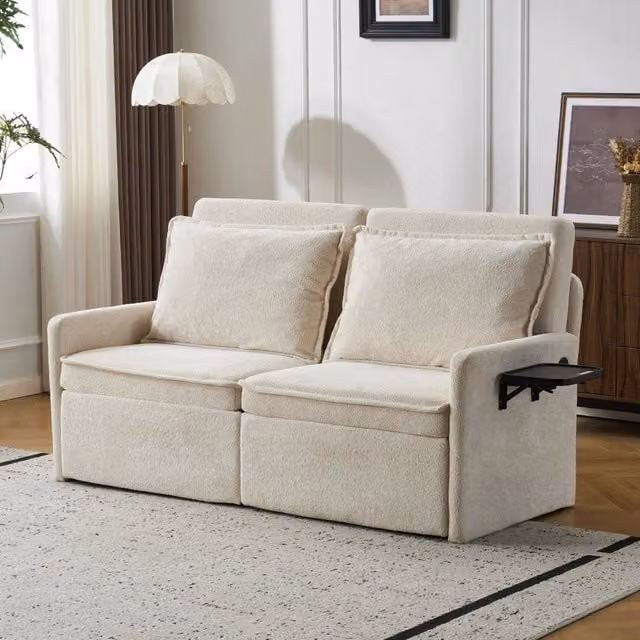 Divano letto con cuscini e USB ¨C Minimal ¨C 3 in 1, schienale regolabile, contenitore, ciniglia, beige