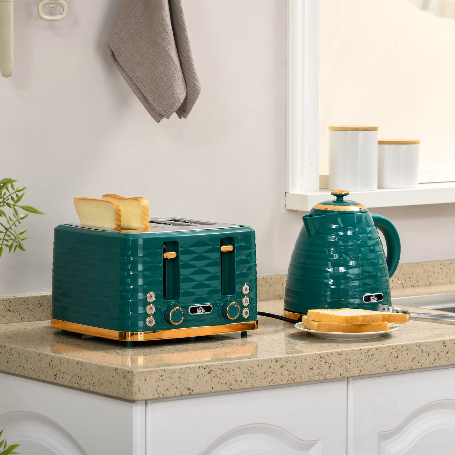 Set 2 in 1 tostapane e bollitore HOMCOM con 7 livelli di cottura, funzione scongelamento e riscaldamento, Verde – 2