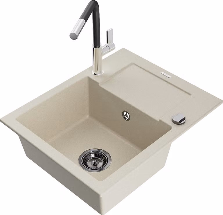 Mexen Enzo lavello in granito monovasca con gocciolatoio e rubinetto da cucina Flora, beige - 6506-69-670401-07-B