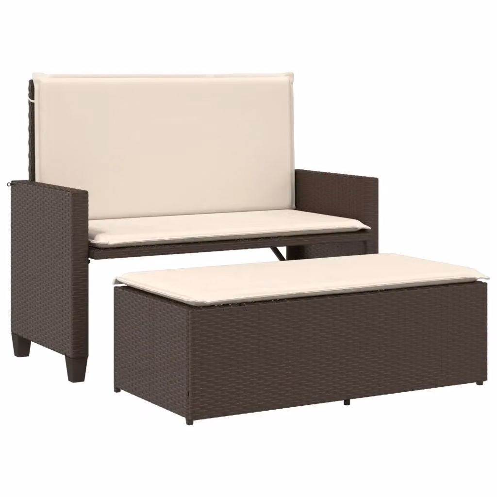 Panca da giardino moderna vidaXL in rattan e metallo con braccioli e cuscini in tessuto, marrone e bianco – 2
