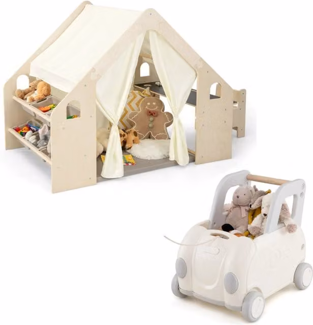 Tenda da gioco per bambini e carrello treno giocattolo per bambini, Casetta da gioco con tende e scatola treno giocattolo