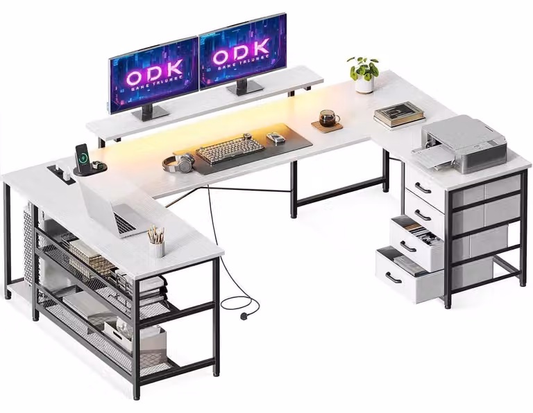 Scrivania angolare ODK con cassetti, prese, USB, LED, supporto per monitor 167×102 cm