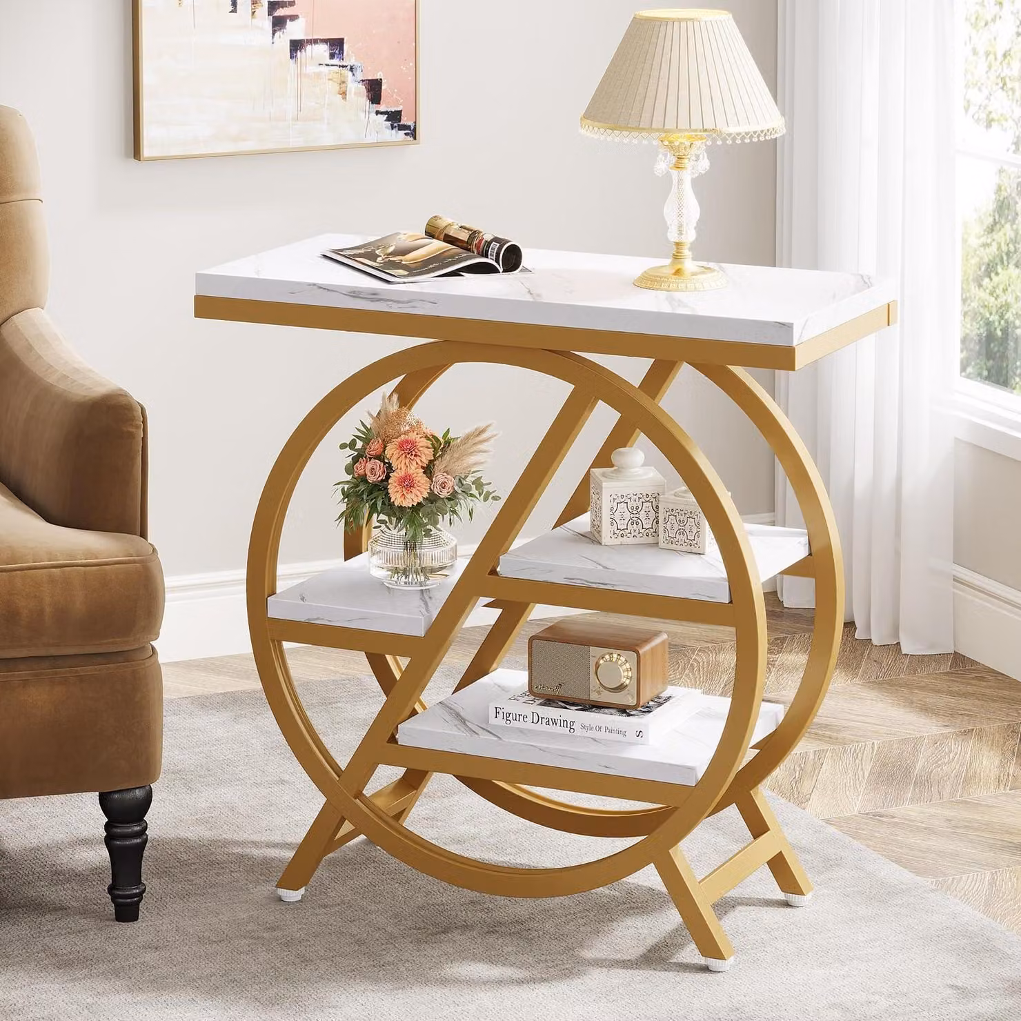 Tavolino laterale a 3 ripiani, in legno bianco e oro, dimensioni 65 x 30 cm, con spazio contenitivo