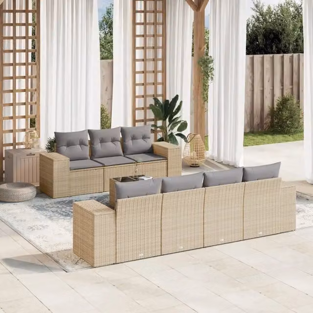 Set Divano da Giardino 8 pz con Cuscini Beige in Polyrattan 3222328