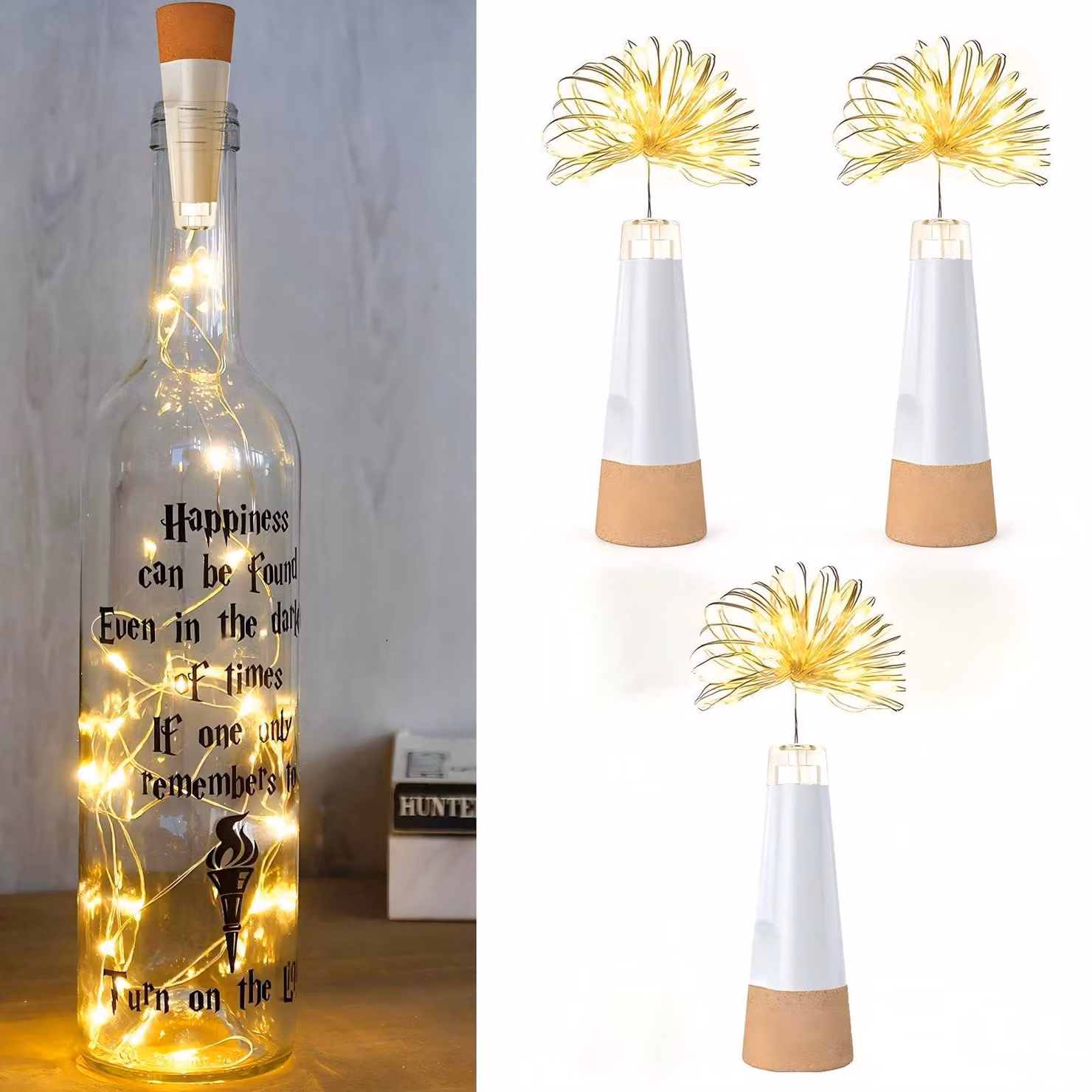 Decorazioni per bottiglie, set di 3 luci LED USB, luce bianca calda