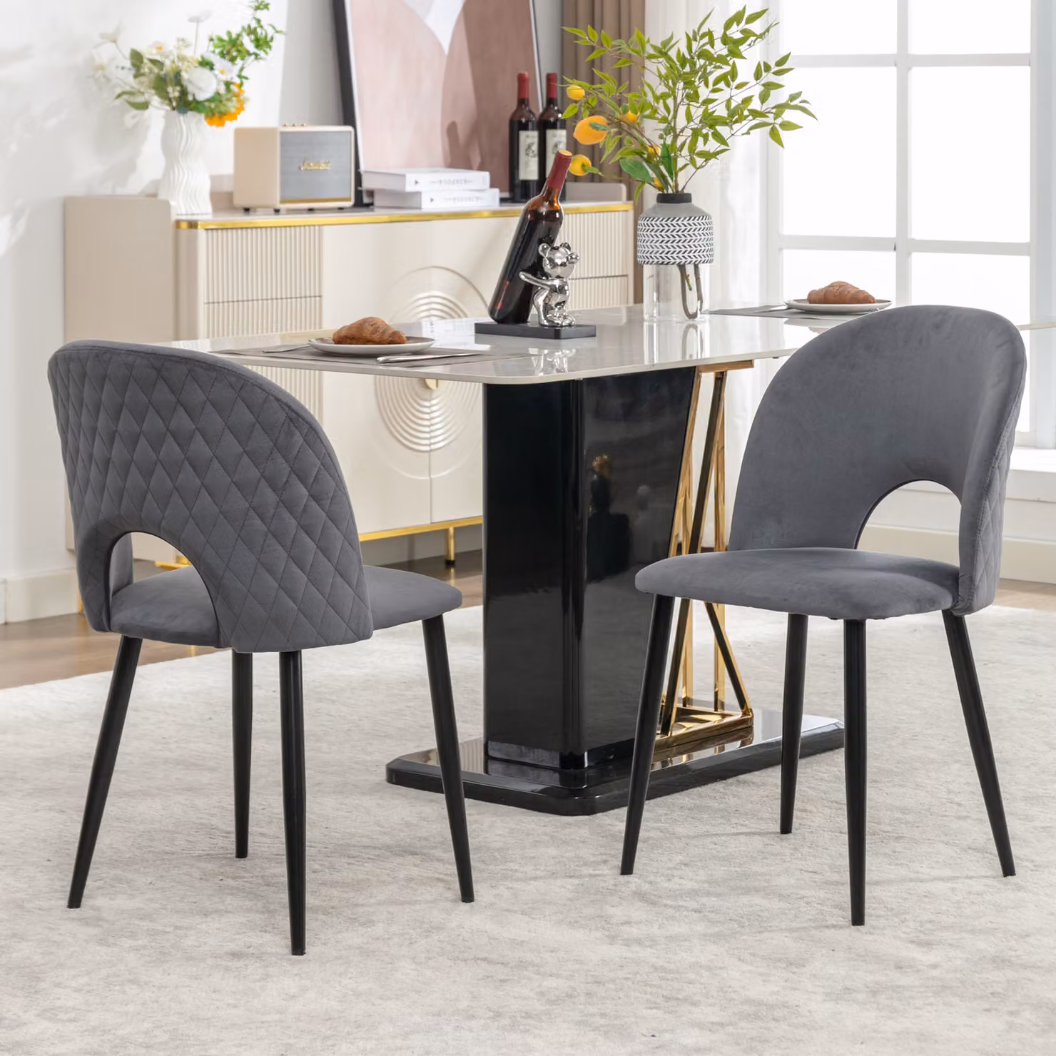 Set di 2 sedie per sala da pranzo Flieks, sedie da pranzo imbottite con gambe in metallo, sedie da cucina con piedini regolabili, sedie da soggiorno con rivestimento in velluto, grigio