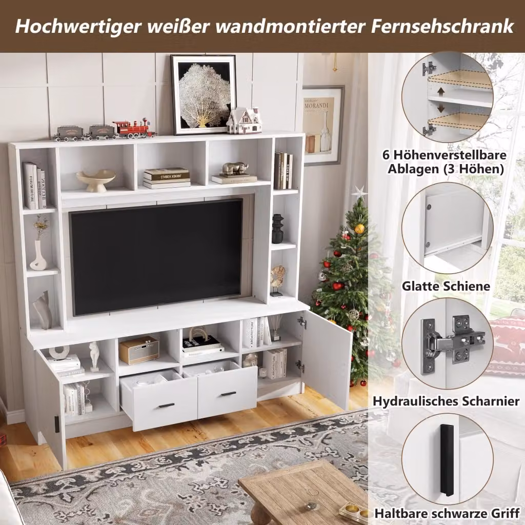 Mobile TV REDOM Bianco in stile Scandinavo con 2 ante, 2 cassetti e 11 vani, L/P/H: 180 x 35 x 170 cm – 2