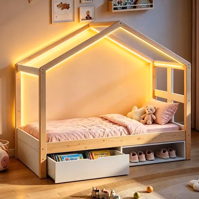 Letto casetta singolo 90×190 cm con cassetto, scarpiera compatta e illuminazione LED, senza materasso, legno naturale