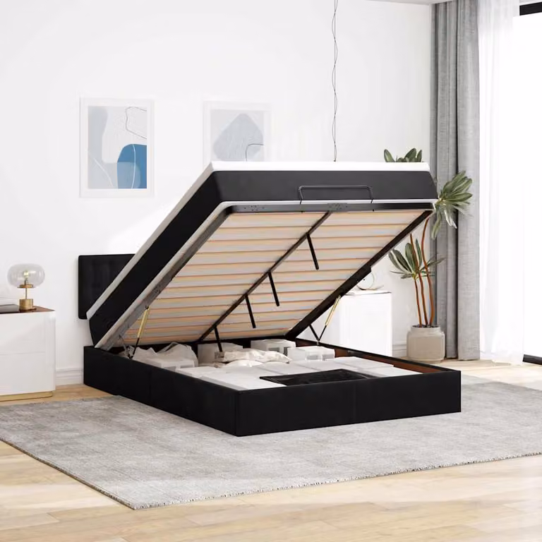 Letto con contenitore a sollevamento e materasso vidaXL in velluto nero, L/P/H: 193 x 144 x 88 cm