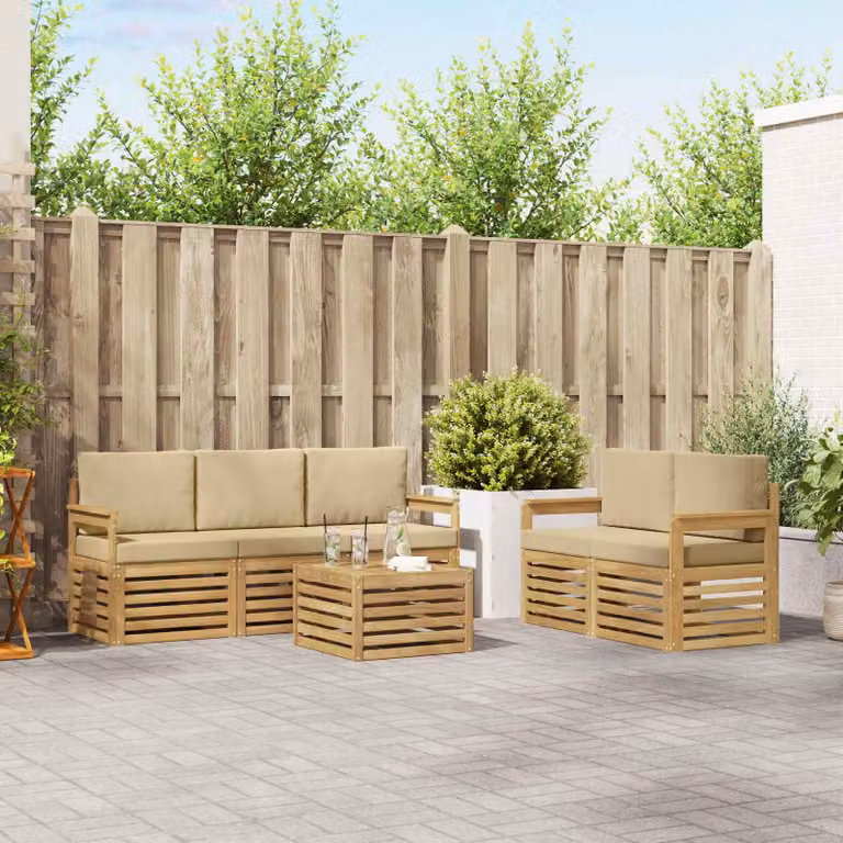 vidaXL Set di divani da esterno a L con tavolo da caffè, 6 pezzi, Bianco e Beige, in legno di acacia e tessuto