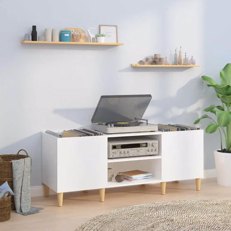 vidaXL Mobile Porta Dischi Bianco Lucido in Legno Multistrato L: 121 cm, P: 38 cm, H: 48 cm