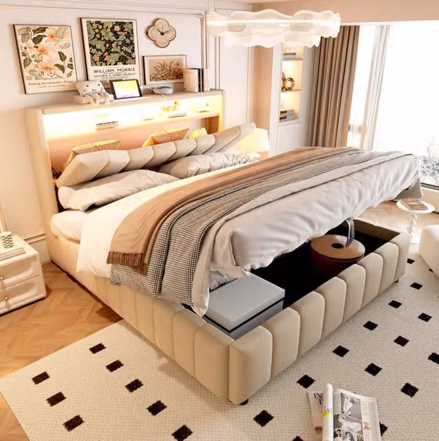 Letto contenitore 140x200 beige con LED e USB, salvaspazio, senza materasso -