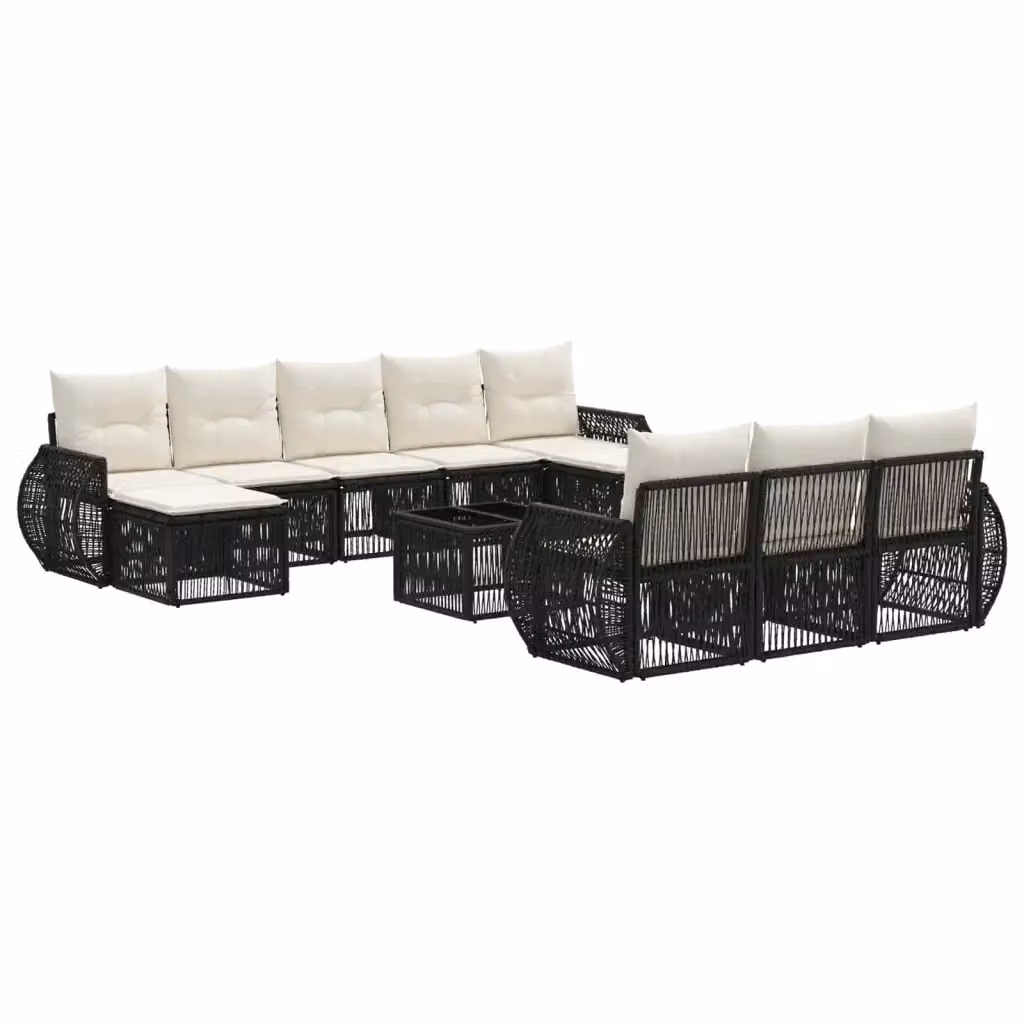 Set Divano da Giardino vidaXL 11 Pezzi a Forma di U in Polyrattan con Cuscini e Tavolino, Nero e Bianco Crema – 2