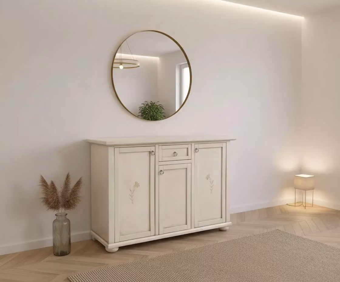 Madia credenza Mobili 2G con 3 porte e 1 cassetto decorazione floreale avorio bianco L/P/H: 120 x 40 x 88 cm – 2